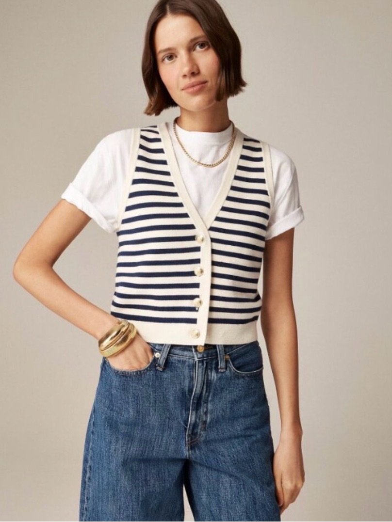 J. Crew Emilie Cream And Navy Blue Stripped Sweater Knit Vest With Gold Buttons